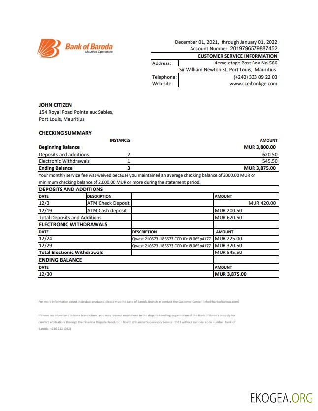 Relevé bancaire de la Mauritius Bank of Boroda
